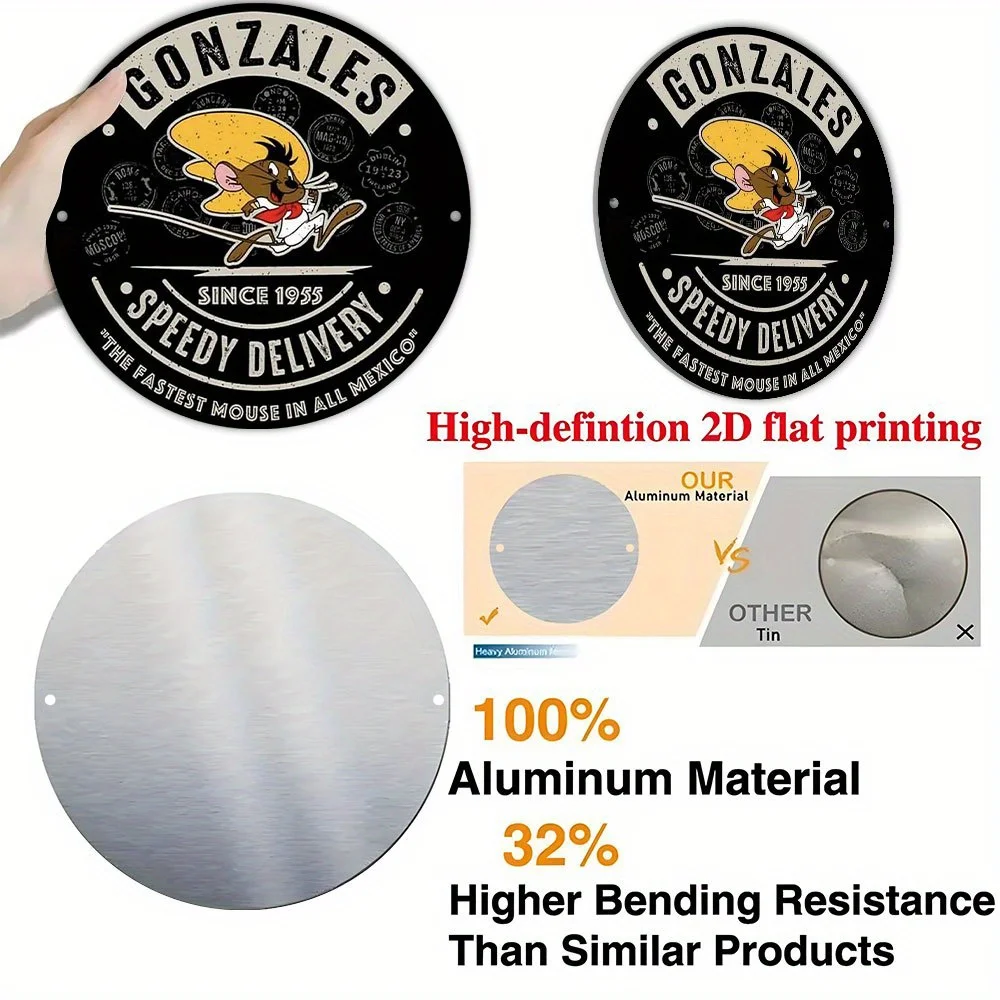 لافتة معدنية من الألومنيوم مسطحة ثنائية الأبعاد مقاس 20.32 × 20.32 سم - ماوس كرتوني قديم في سمبريرو ووشاح أحمر مع "GONZALES SPEEDY DELIVERY" و"SIN