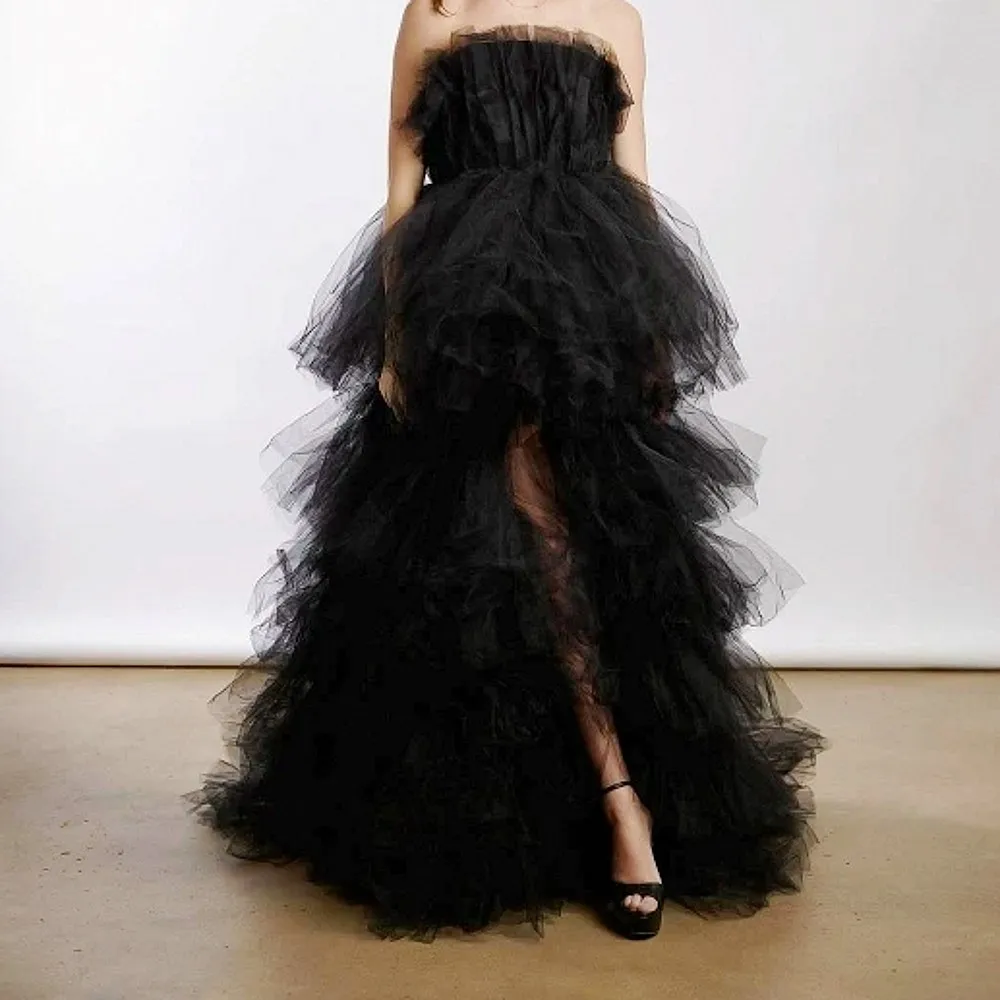 Vestidos femininos de tule preto com fenda alta, sem alças, camadas em camadas, vestido de festa de aniversário, maxi tutu, roupas femininas