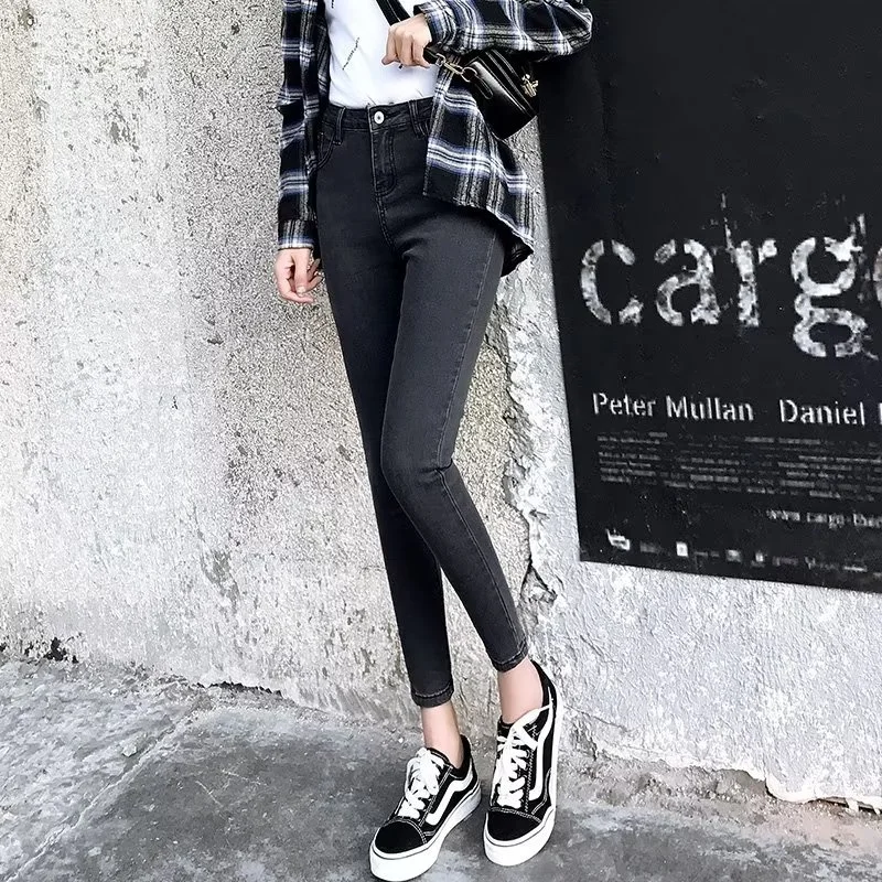 

High Waist Nine-Tenths Jeans Women's Student Tight Fit Ankle-Length Grey Cigarette Cotton Stretch Denim Trousers