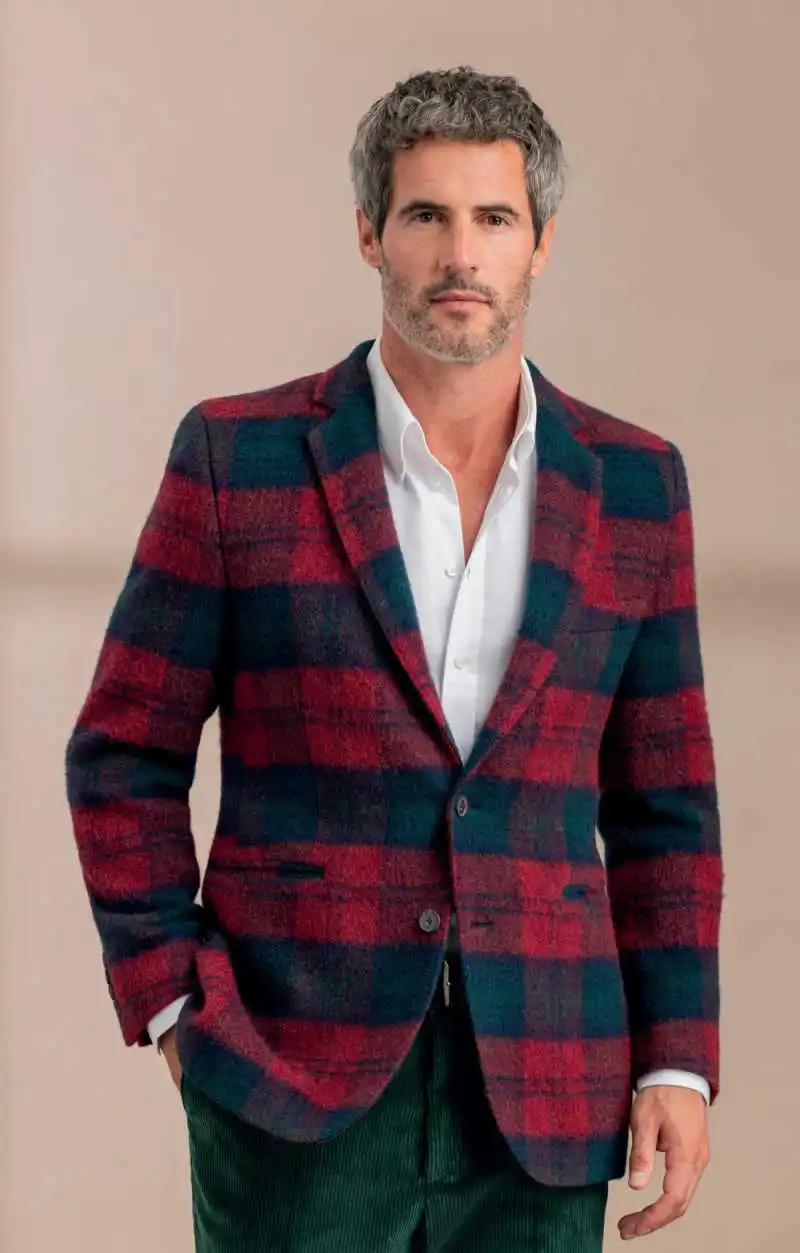 Men Red Green Check Blazer Notch Lapel Wool Blend Plaid Jacket Slim Fit Daily Casual Business Wedding Party Sport Coat Custom