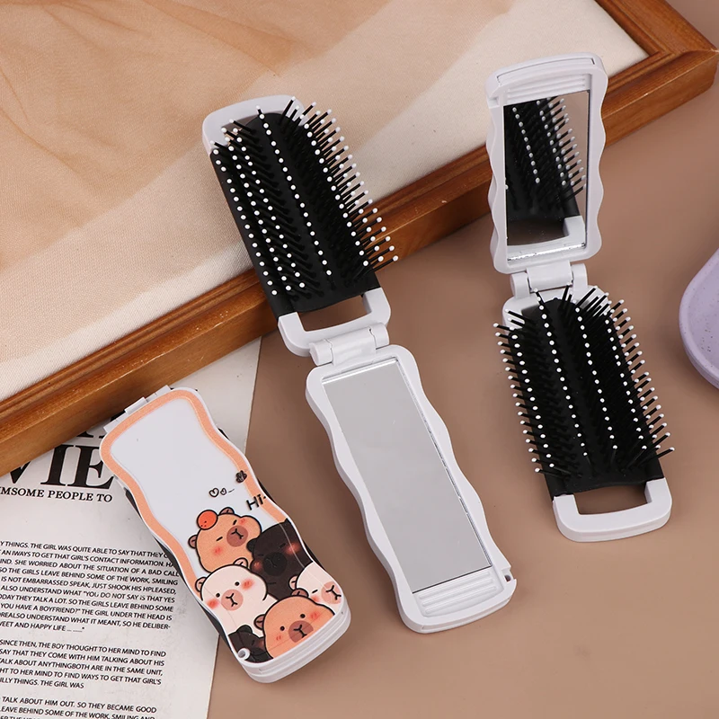 

Summer Capybara Theme Hair Comb With Mirror Mini Hair Brush Folding Massage Comb Head Massage Anti-Static Travel Hair Brush