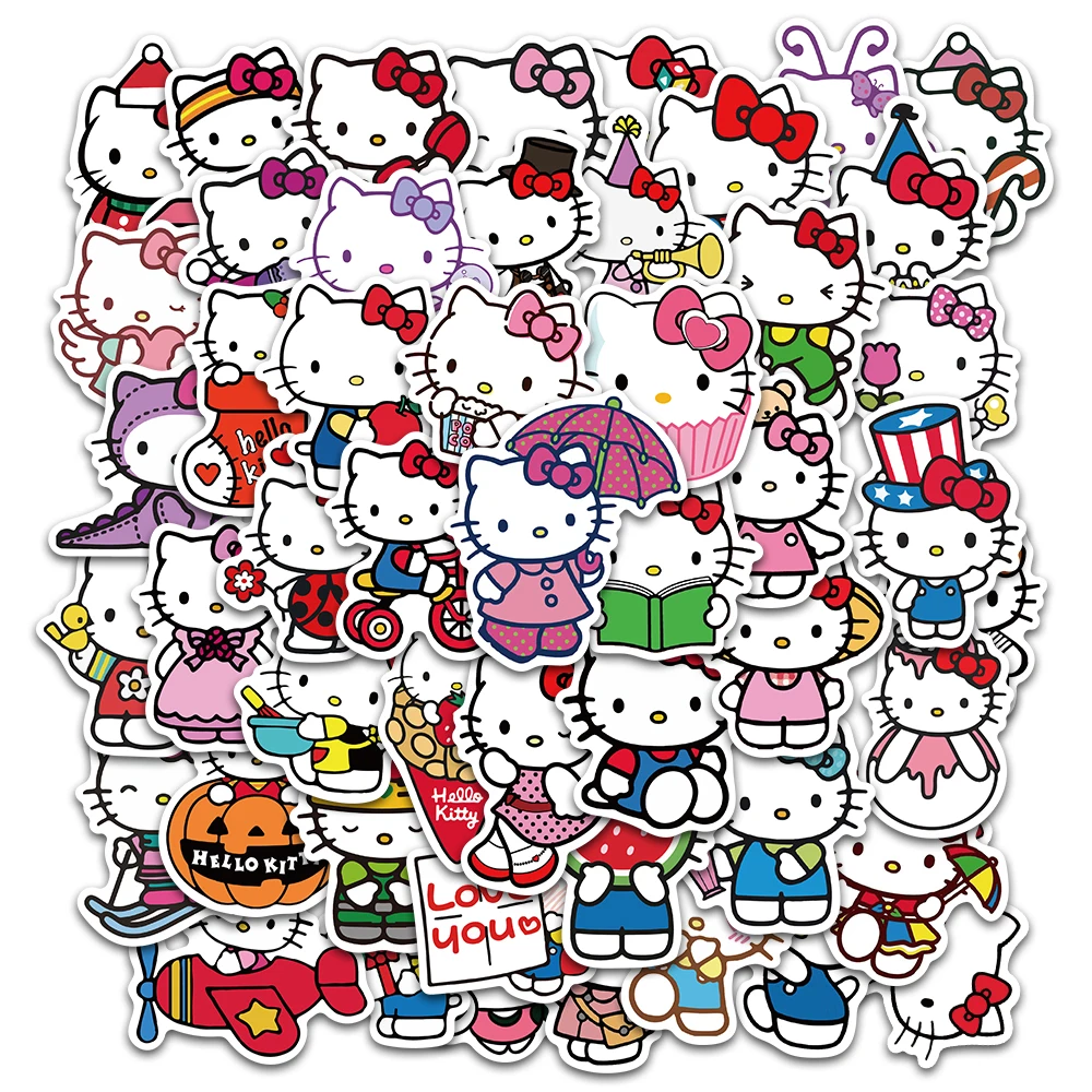 Hello Kitty Anime Sticker Toys pour filles, Skin pour ordinateur portable, Trolley Case, JESkateboard Sticker, Cute Stickers, 25 PCs, 50PCs