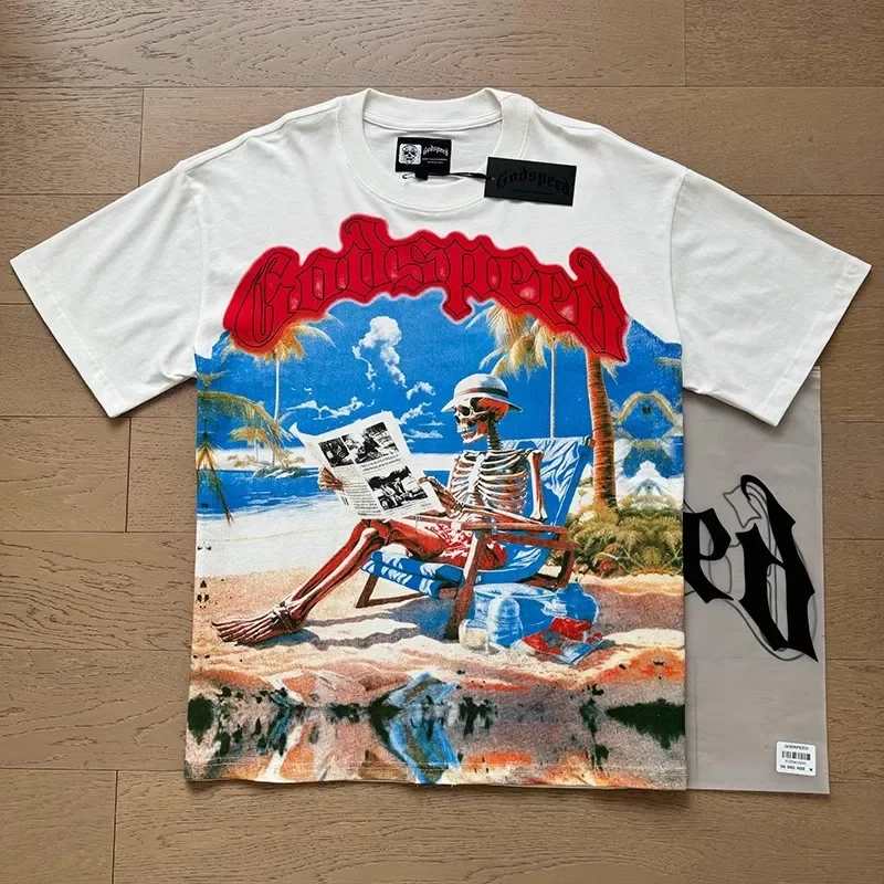 White GOD SPEED T Shirts Letter Logo Seaside Holiday Scenery Print Godspeed Short Sleeve Tees Tops