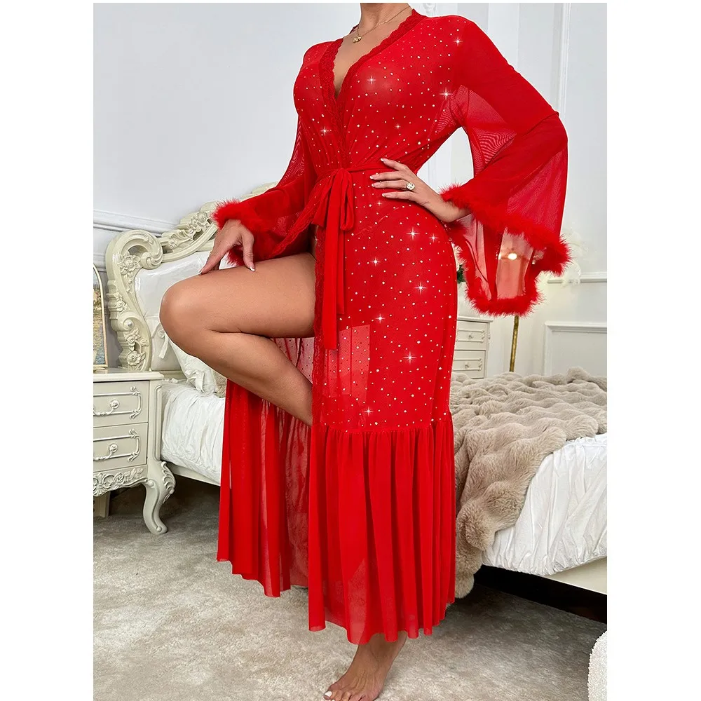 Shiny Sequins Mesh Nightgown Robe Coat Women Sexy See Through Feather Patchwork Long Sleeve Belt Coats Pajamas Home Clothing