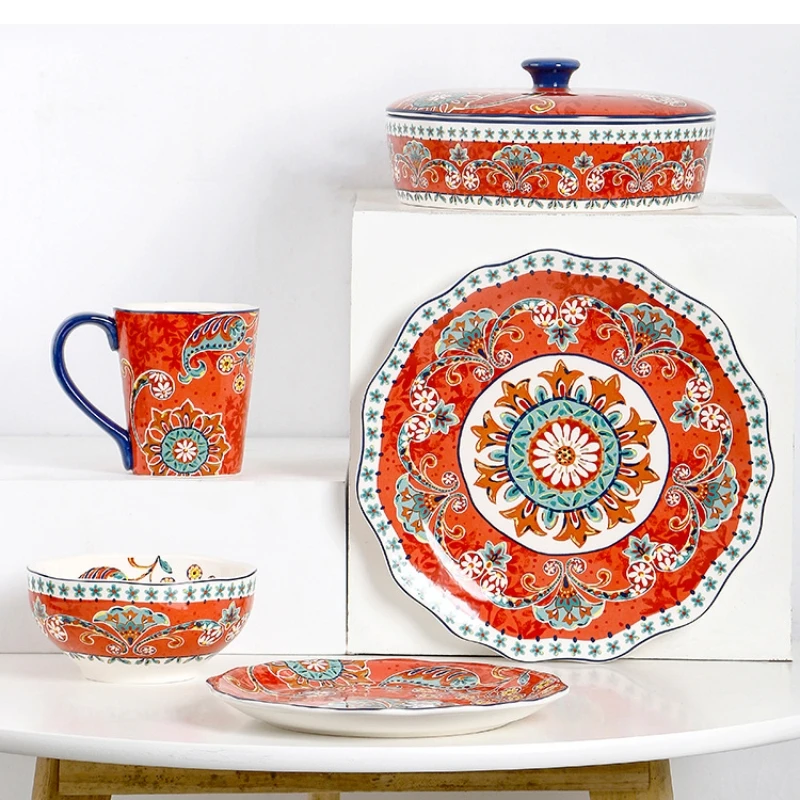 American Western ceramic plate irregular spaghetti steak underglaze color home tableware set