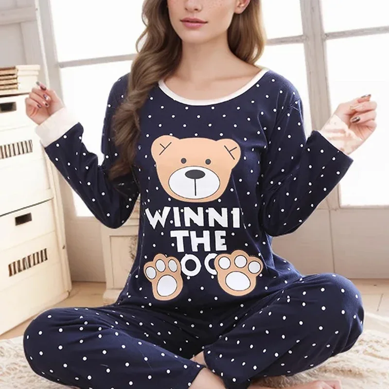

2PCS/Set Women's Fashion Long-Sleeved Pajamas Autumn and Winter Cartoon Love Bear Print Students Outside Sleepwear Homewear
