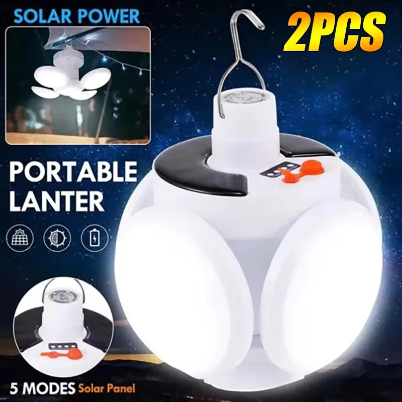 Solar Camping Lantern Collapsible Portable Tent Lamp With Hanging Hook LED Football Bulbs Waterproof For Camping Tent Fishing