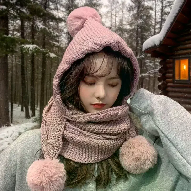 سميكة محبوك قبعة صوفية مقنعين وشاح قبعة حماية الأذن قبعات دافئة قبعة الشتاء ووشاح كومبو للنساء