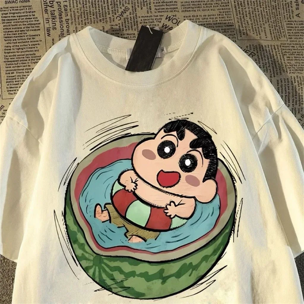 Crayon Shin Chan Watermelon Float Print Casual T Shirt Cute Anime Short Sleeve Tee for Men Women