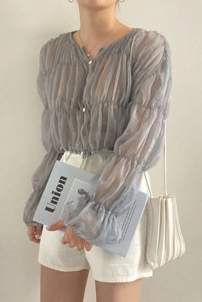 2Colors Korean style long sleeve blouses 2022 Spring Autumn womens Loose Pleated Chiffon tops and blouse Outwear Shirts(C0001)