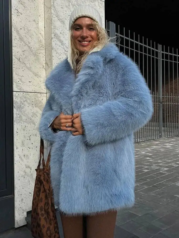 

Luxury Winter Furry Warm Coat Lapel Mid Long Soft Fluffy Jacket Faux Fur Coats Woman Clothes Outerwears