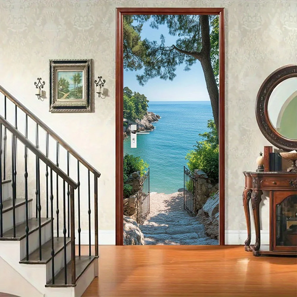 1 pair of coastal door stickers - self-adhesive ocean passage wallpaper stickers, suitable for home, office, and hotel non resid