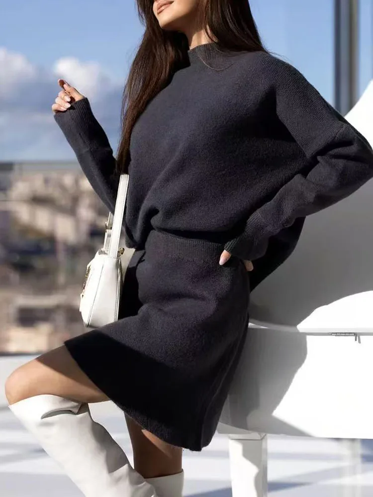 

Осенне-зимние костюмы с длинными рукавами, повседневные однотонные теплые трикотажные комплекты из 2 предметов, женский элегантный свитер с круглым вырезом, пуловеры и мини-юбки, наряд