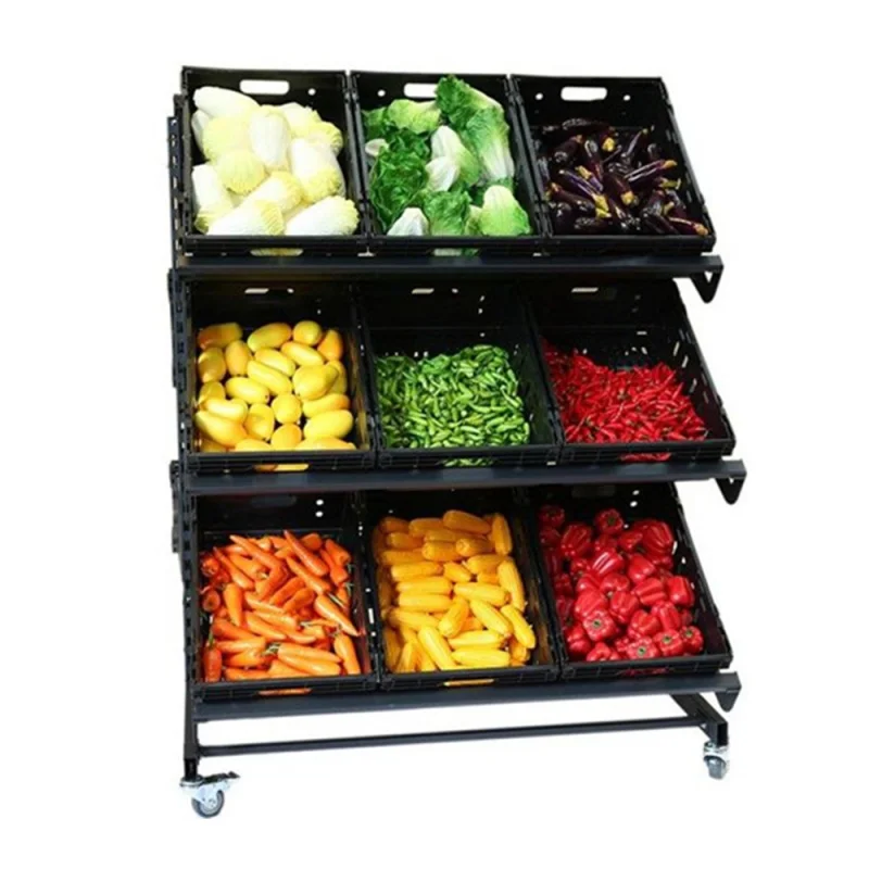 custom.Moveable Metal Vegetable Fruit Rack With Plastic Shelves Bins Floor Beverage and Snack Shelves