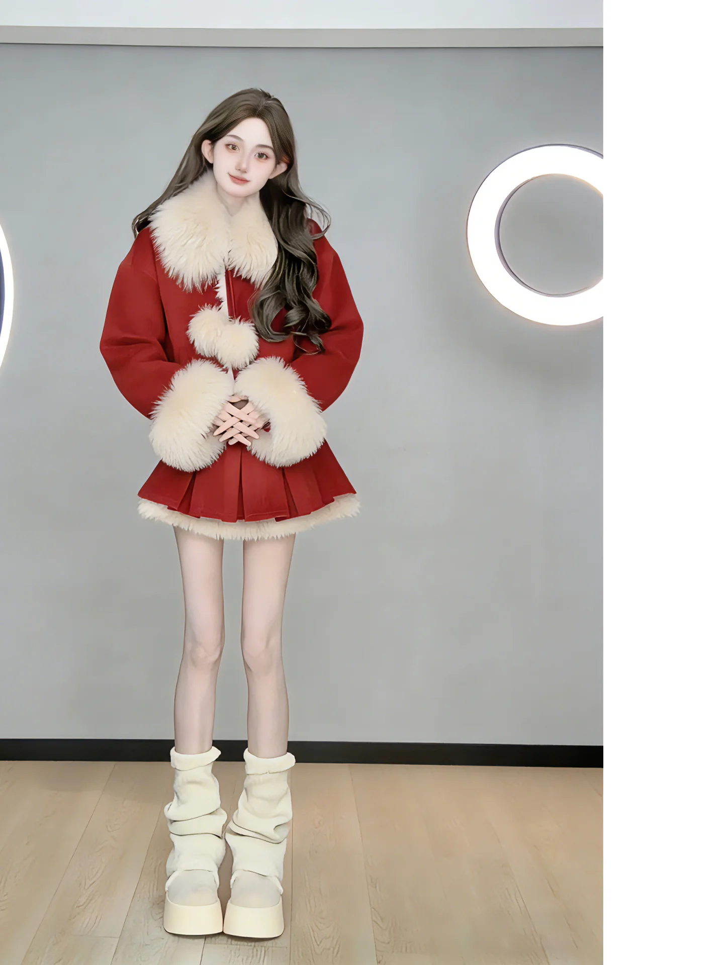

Cute Sle Red Fluffy Two-Piece Set Wearable on Both Sides Slim Fit Women's New Year Robe Winter Coat with Fur Collar
