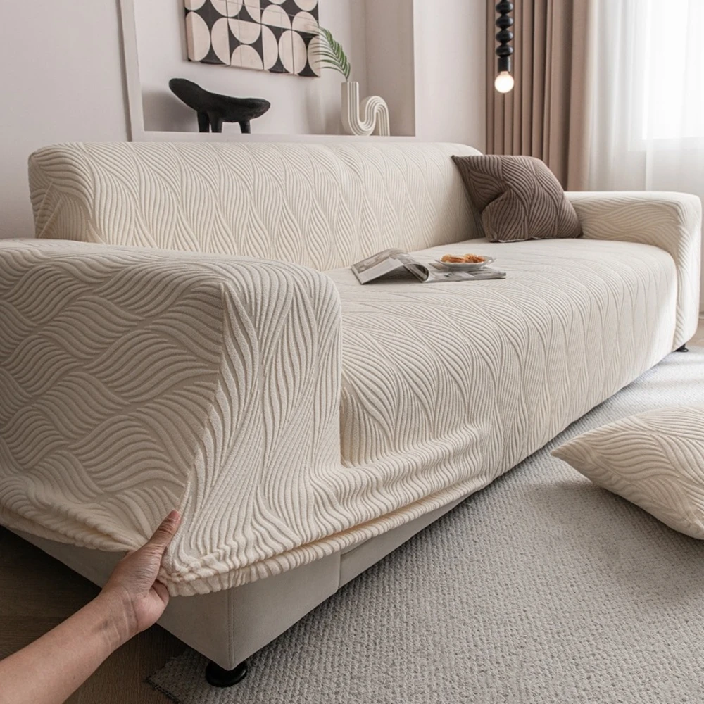 3D Wave Textured Couch Covers Fuzzy Plush Sectional Couch Cover Cozy Comfy Sofa Cover with Jacquard Stripes Pattern Washable