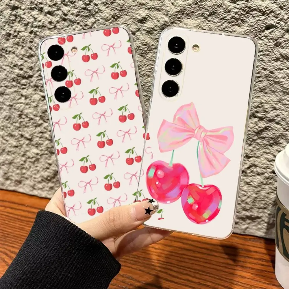 

Cute Cherry Pink Bow Phone Case For Samsung S24,30,21,22,23,20 FE,lite,PIus,Ultra,5G,Note,9,10 Transparent Cover