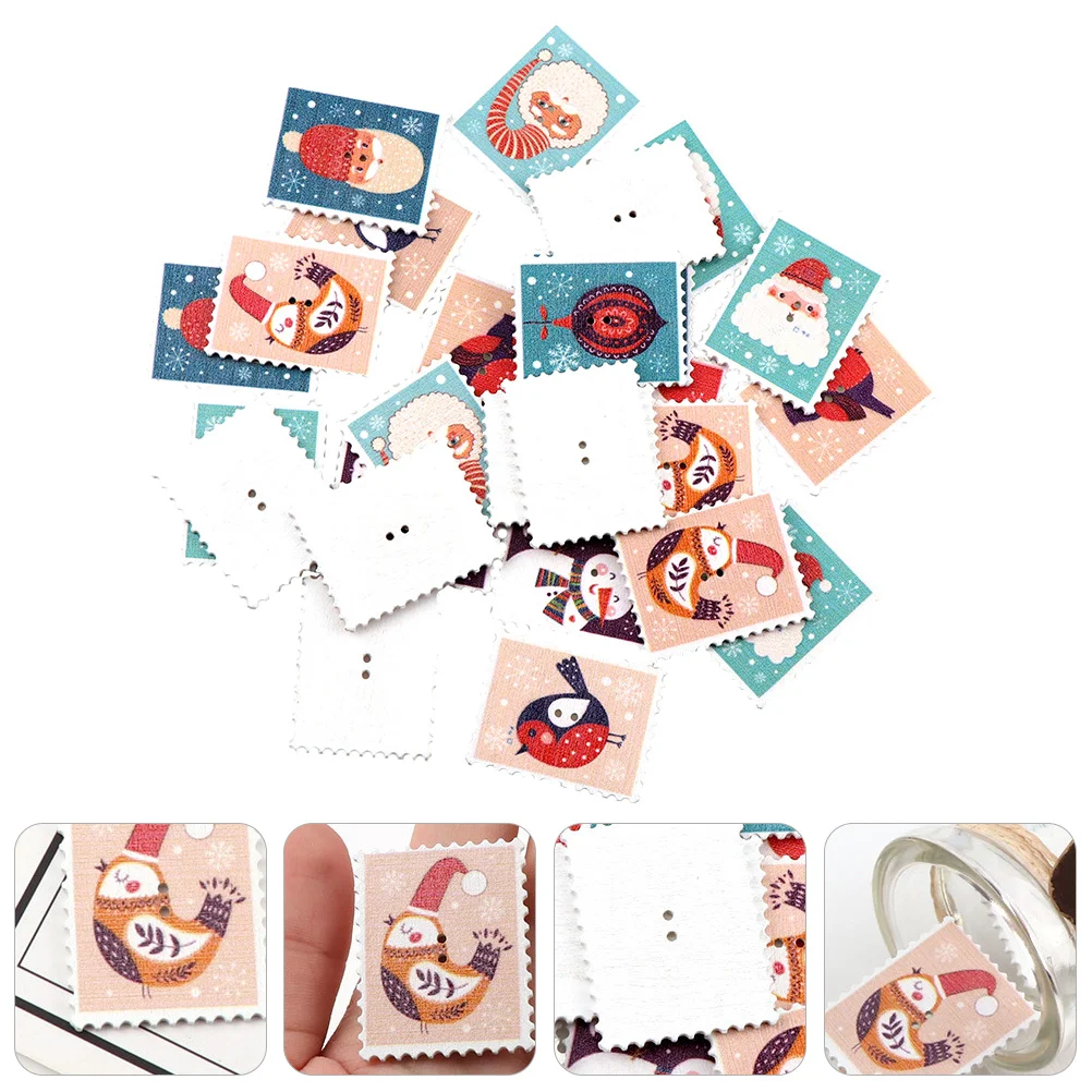 

60Pcs Santa Button Christmas Painted Wooden Button 2 Holes Square DIY Sewing Craft Decoration for Shirt Fabric Jeans Clothing