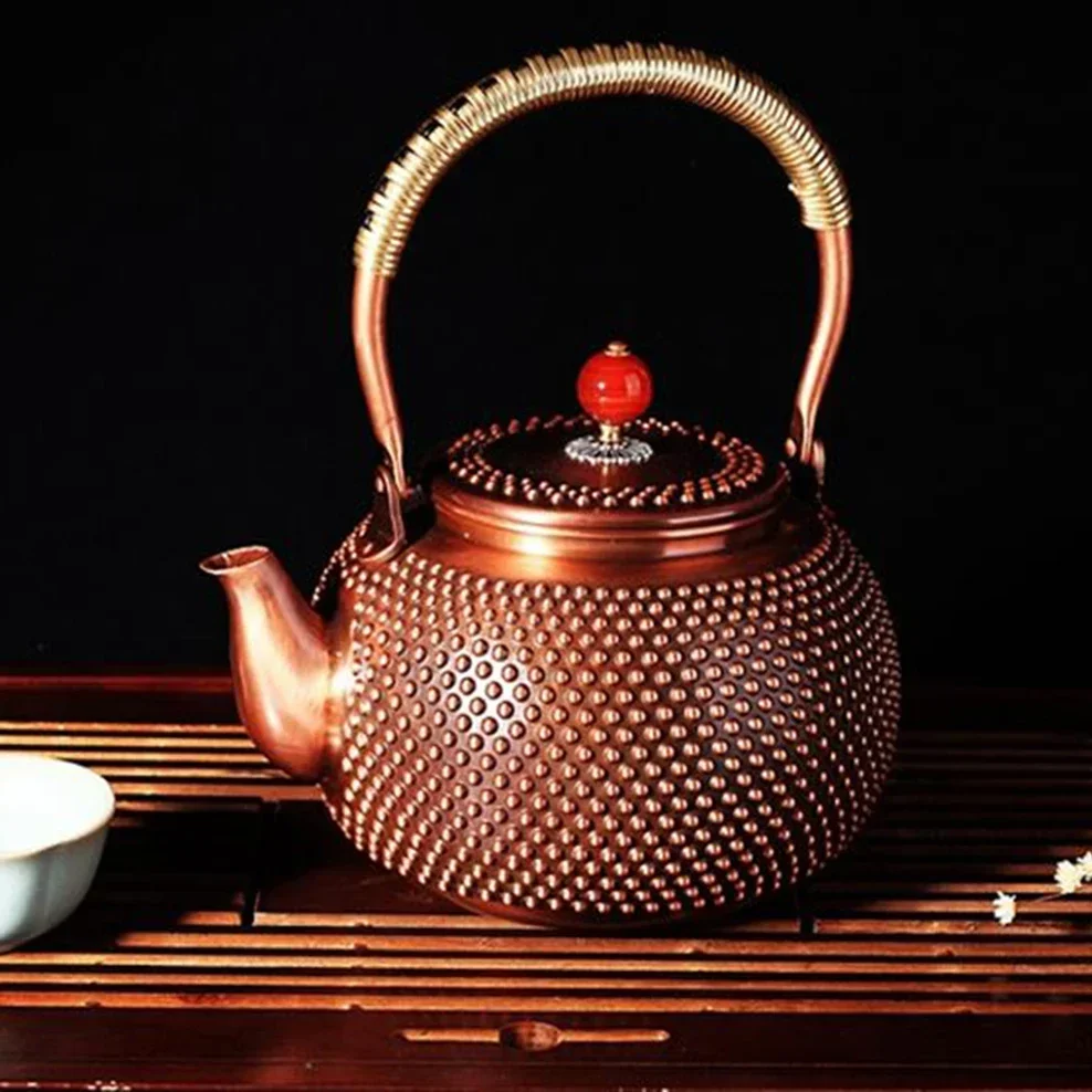 1.4L Pure Copper Teapot Handmade Milk Nails Red Copper Pot Inner Wall Uncoated Boil Water Pot Retro Health Tea Set