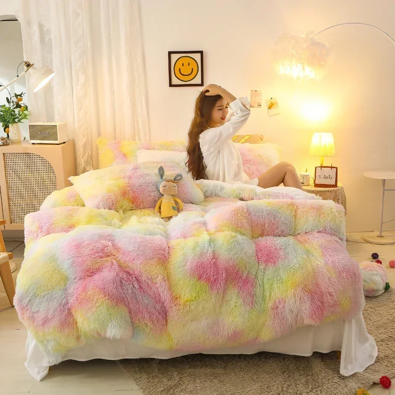 3/4Pcs Warm Bedding Set Color Tie-Dyed Long Hair Plush Flannel Duvet Cover Fleece Home Linen Textile Winter Bedclothes European