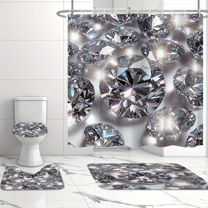 1/4pcs Diamond Pattern Printed Shower Curtain, Modern Decor, Polyester Set with 12 Hooks, Bathroom Non-Slip Fl