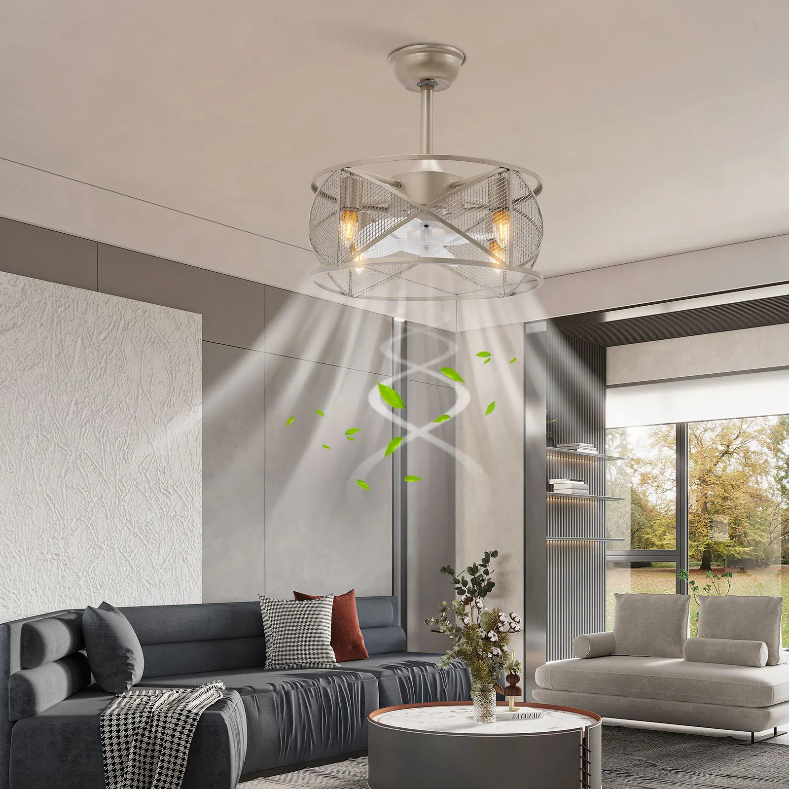 

18 Inch Fan Pendant Light, Ceiling Fan with Remote Control, Ceiling Fan with Light, Cage Ceiling Fan Light for Bedrooms