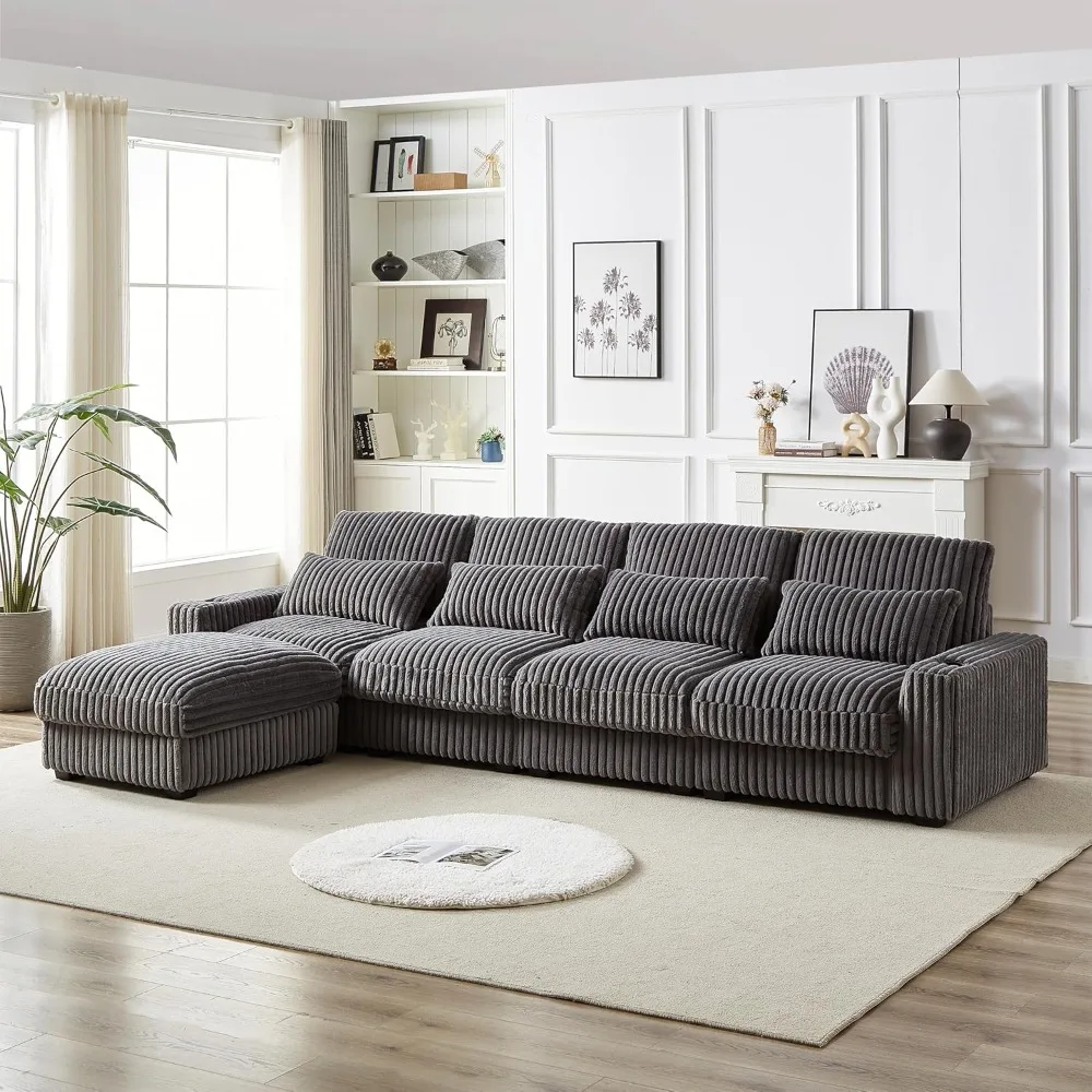 Oversized Corduroy Upholstered Sectional Sofa With Cup Holders, USB and Type-C Ports, L-Shaped Corner Convertible Cushions Couch