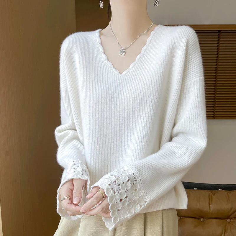 

Large Size Women's Sweater Fall Winter 100% Merino Wool V-Neck Pullover LongSleeve Knitted Top Outerwear Fashion High End Casual