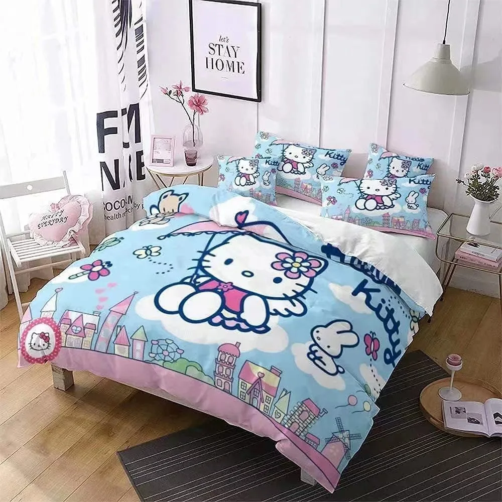 Cartoon Hello Kitty Pattern Print Bedding Comforter Quilt Bed Cover Duvet Cover Pillow Case 2-3 Pieces Sets Kids Adult Size