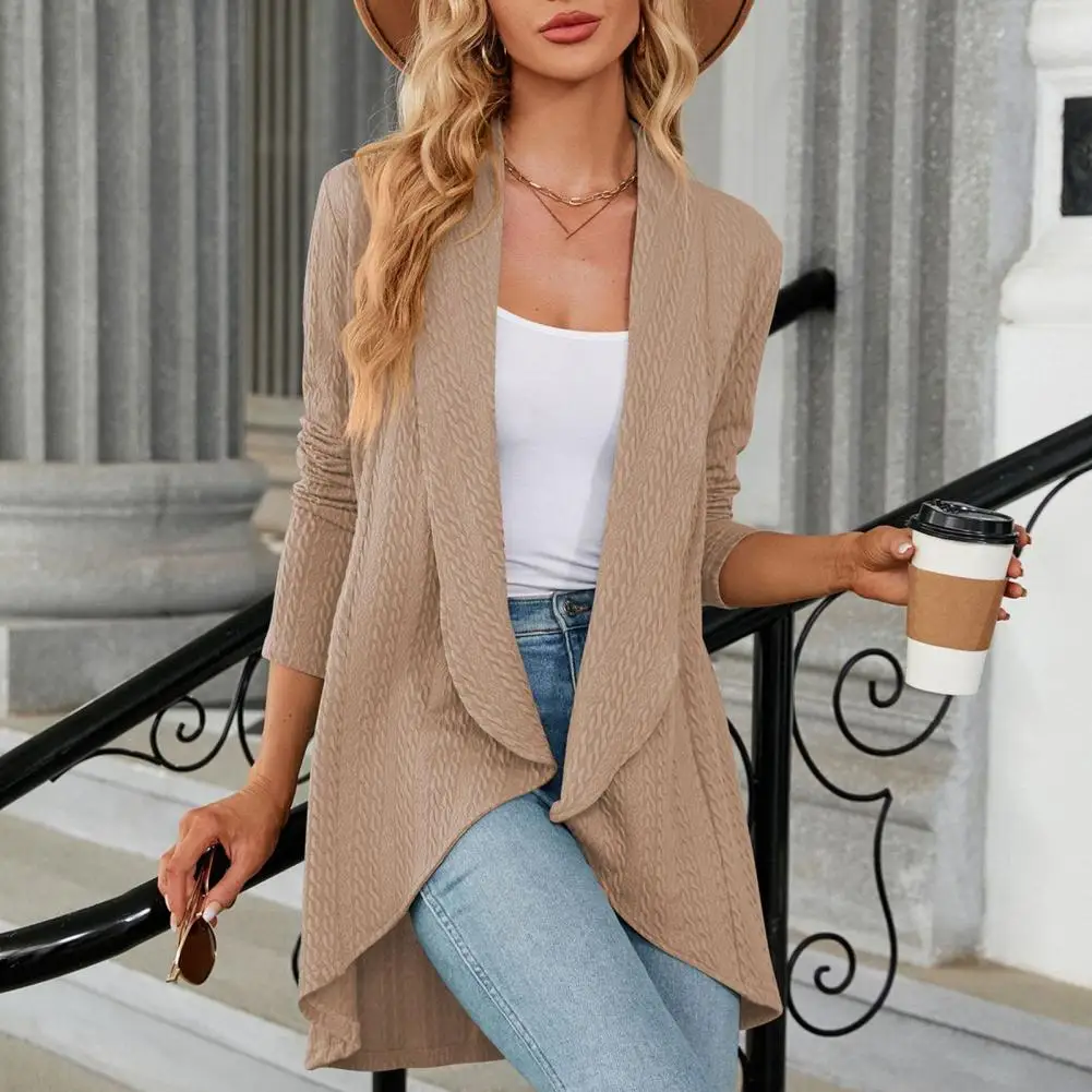 

Ladies Coat Stylish Women's Knitted Open Stitch Cardigan Coat Loose Fit Irregular Hem Mid Length Keep Warm in Solid Color Open