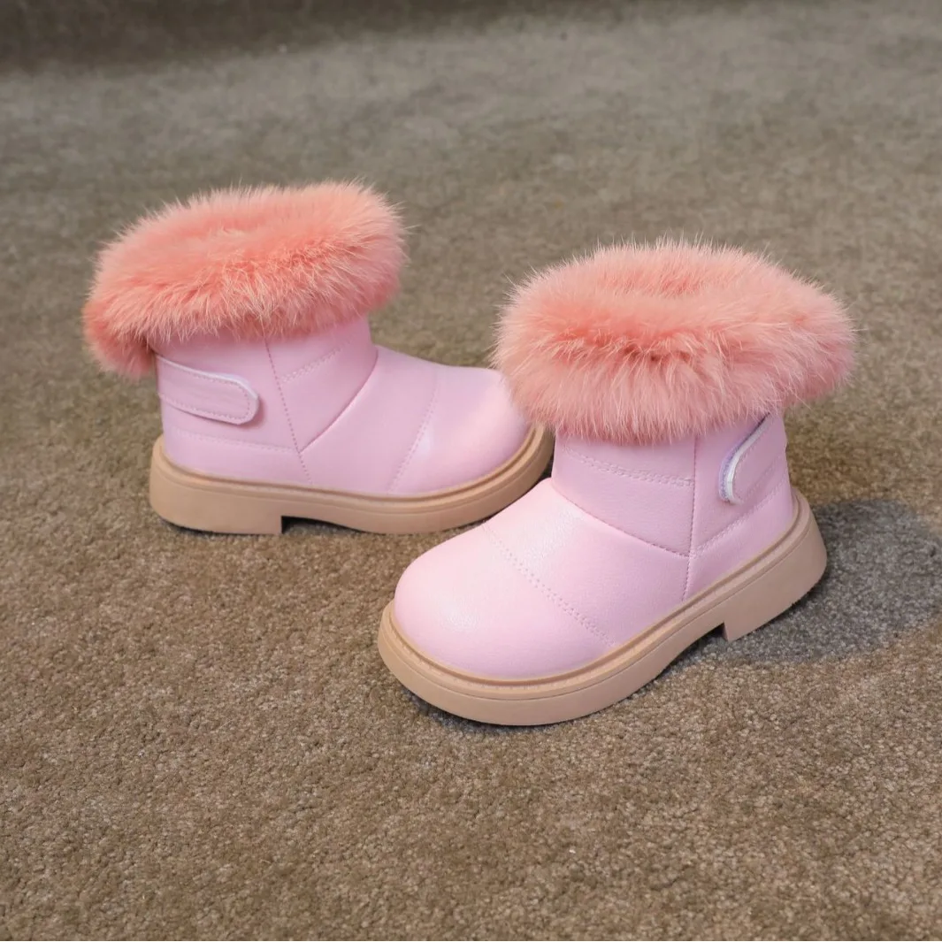 2024 Winter New Girls Snow Boots Warm Thicken Baby Cotton Boots Soft Bottom Anti Slip Child Casual Shoes PU Leather Kids Boots