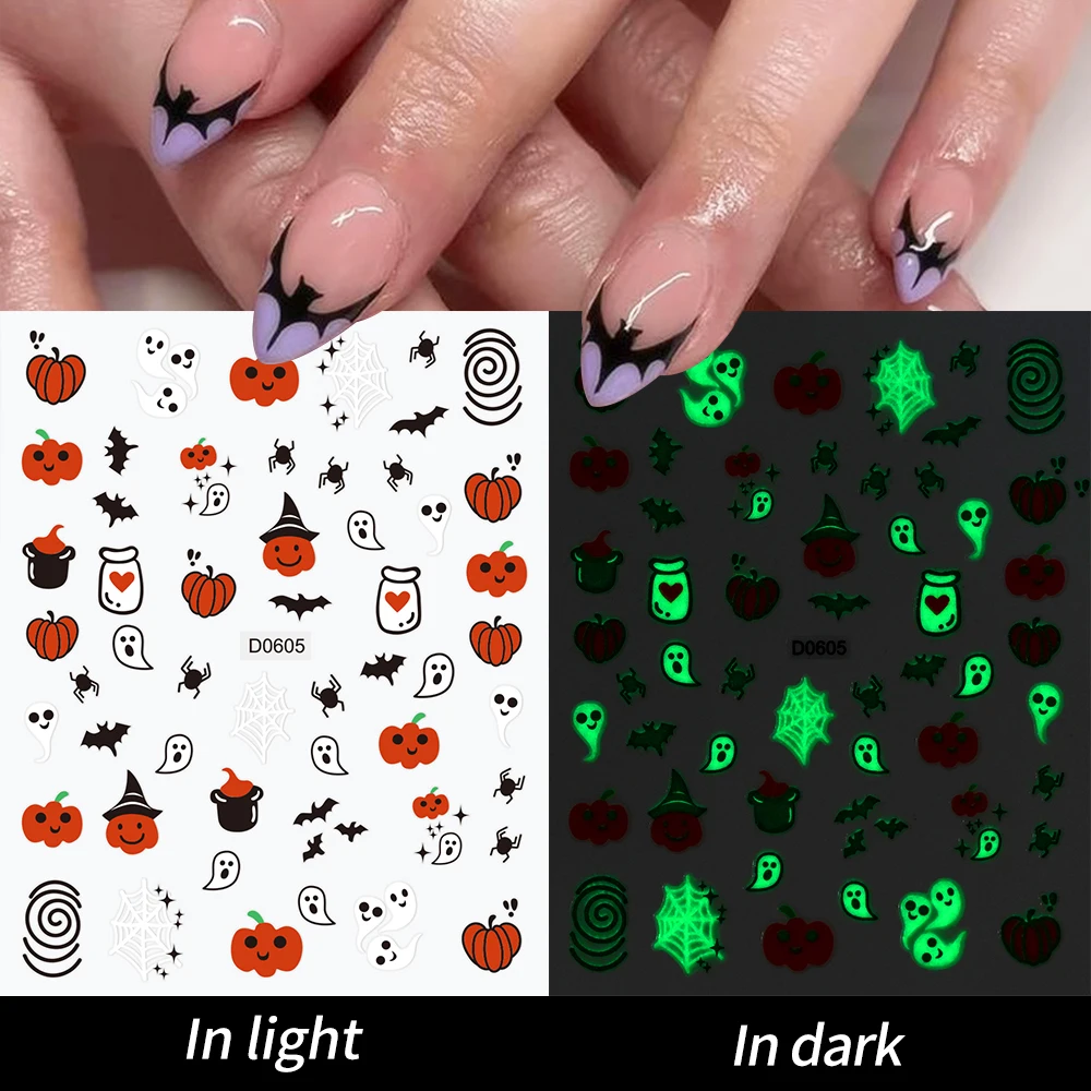 1Pcs Luminous Halloween Nail Art Sticker 3DGhost/Pumpkin/Skull Glow-In-Dark Sliders 8*10CM Blood Vessel Eyeball  Halloween Decal