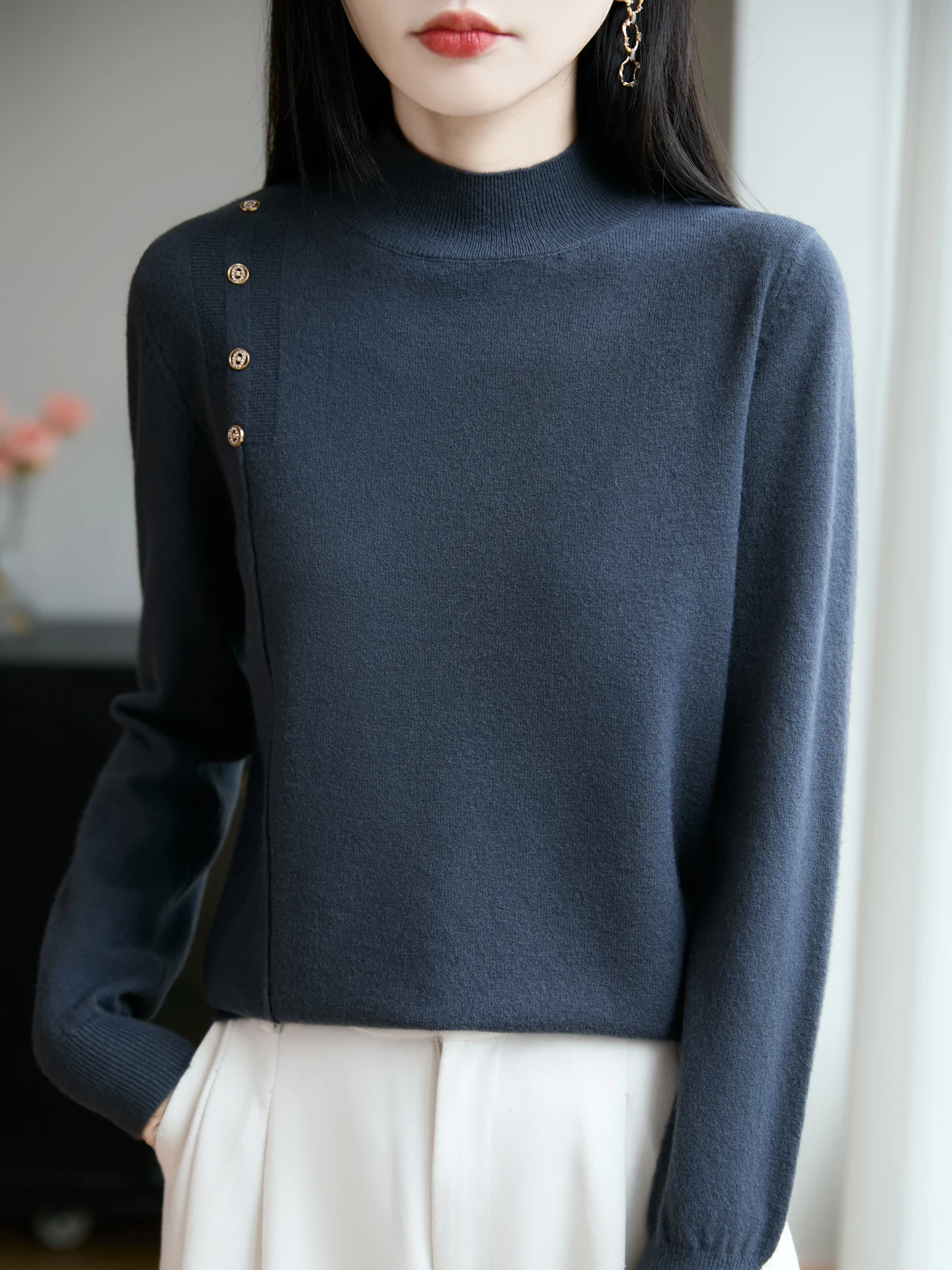 

Women's Wool Sweater Half Height Neck Pullover Button Knitwear Autumn Winter Comfortable Tops Exquisite Knit Welfare Funds Style