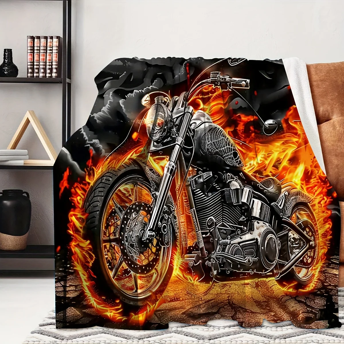 1pc Creative Flame Motorcycle Blanket, Modern Style Blanket, Outdoor Blanket, Travel Camping Blanket, Soft And Comfortable Blank