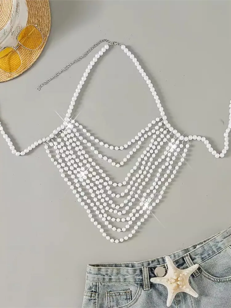 Hot Summer Women Ladies Bikini Cover-Ups Pearl Jewelry Cover Up Swimwear Beach Bathing Suit Hollow Out Tops 2024