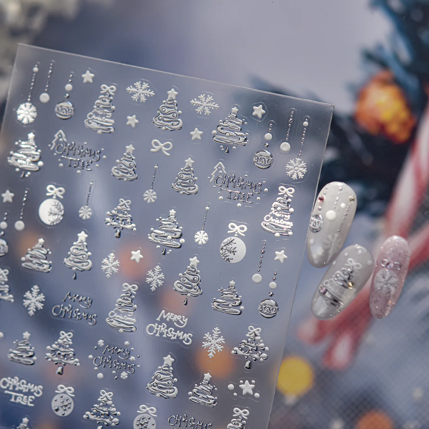 Nail Art Stickers Metallic Silver White Dreamy Christmas Tree Adhesive Decals Lightweight DIY Manicure Decoration Party