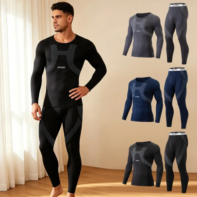 27SS Men Geometric Print Thermal Underwear Set Stretch Sport Base Layer Cold Weather Long Sleeve Top & Pants Long Johns S-XXL