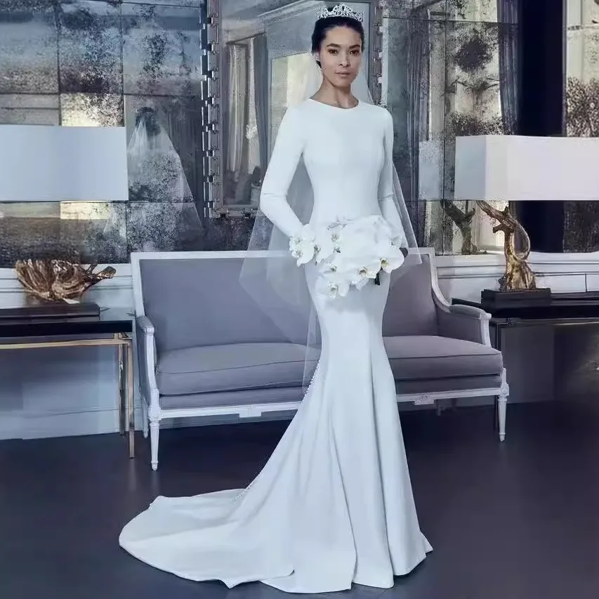 

Mermaid Wedding Dresses Sexy Long Sleeve Fashion Vestidos De Novia Court Train Satin Robe De Mariée Custom-Made