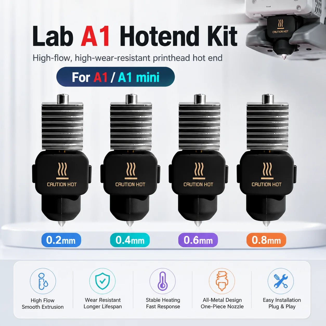 Lab A1 Hotend-Kit Einteilige Edelstahl-Düse Heizeinheit 0,2/0,6/0,8/0,4mm Hotend für Lab A1 Mini 3D-Drucker-Teile