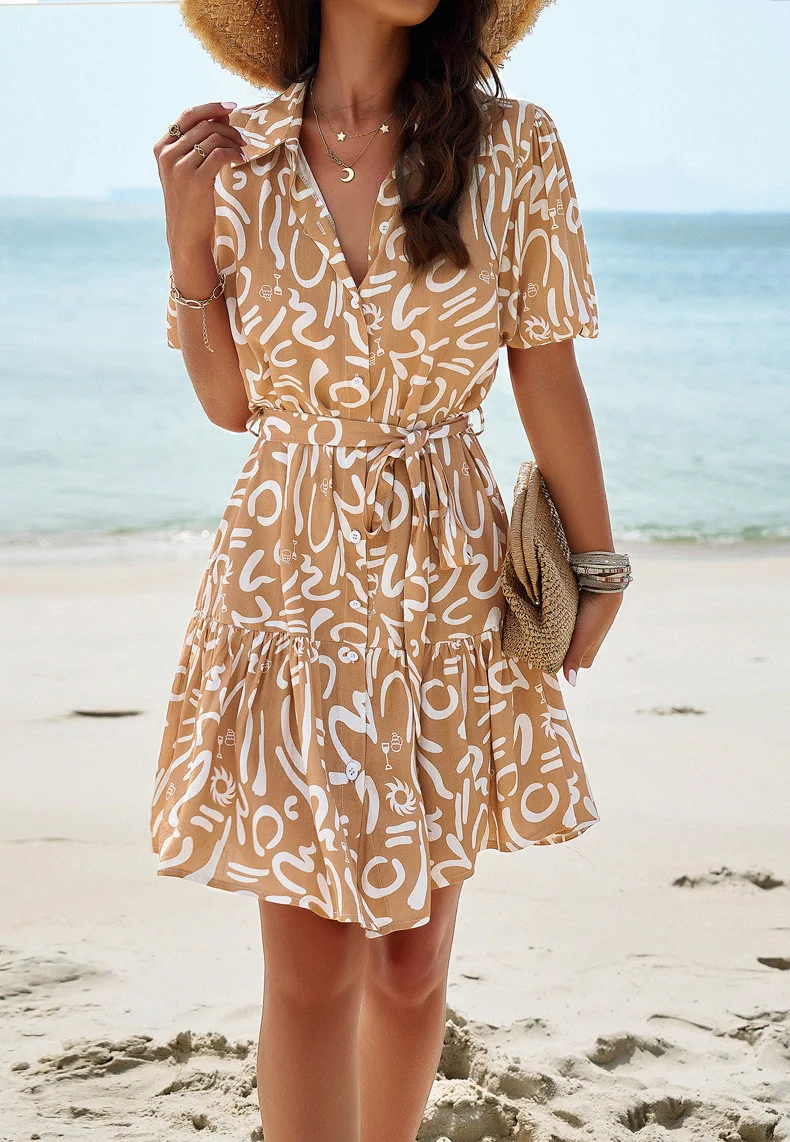 Abito casual Vacanza Spiaggia Vestido Elegante Manica corta Abiti Para Mujer Camicia con bottoni con lacci Abiti Abiti De Verano 2025