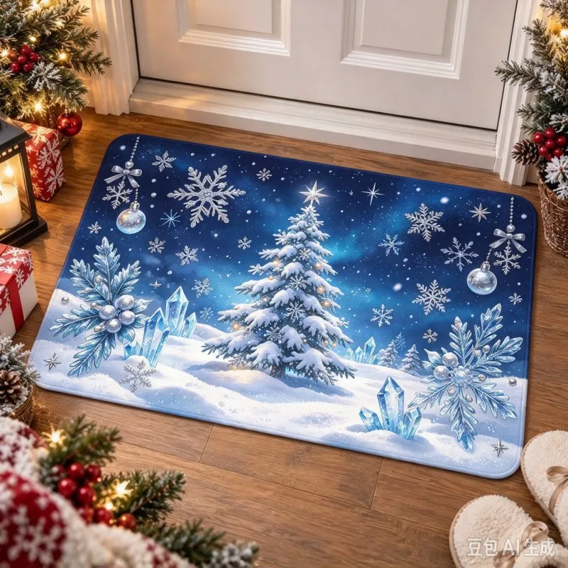 VIKAMA Ice Snowflake Christmas Tree Doormat, Non Slip & Soft Warm Mat for Front Door Balcony, Home Kitchen Entrance, Home Décor