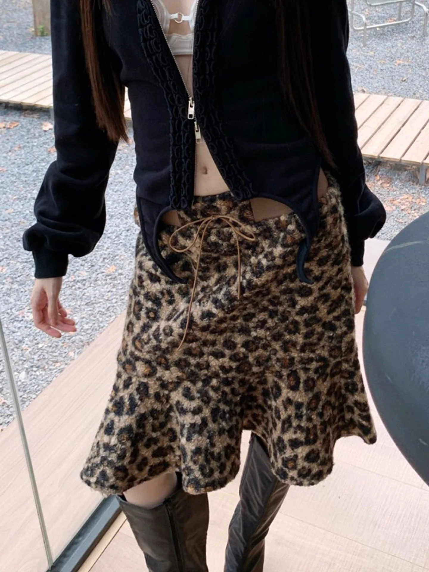 Retro Design Leopard Print  Skirt Women's Autumn New Woolen High Waist Slimming A-Line Skirt Fashionable Commute Wear