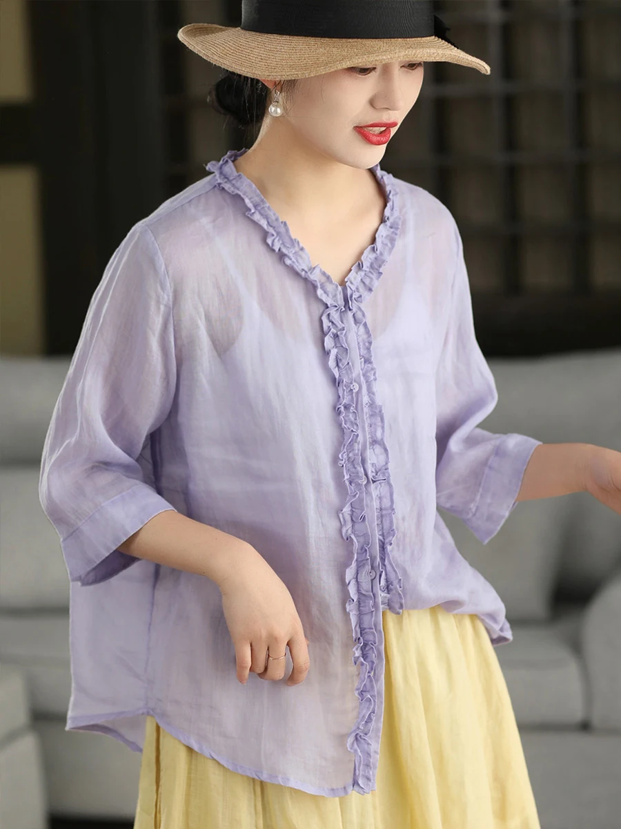 

Retro Women's Linen Shirt Light Weight Wooden Design Breathable V-Neck Sleeveless Top for Summer Fashion Casual Wear