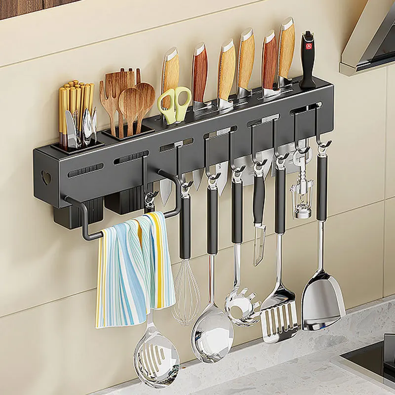 Stainless Steel Wall-Mounted Kitchen Storage Rack Integrated Chopsticks Holder Knife Rack No-Drilling Required Home Use