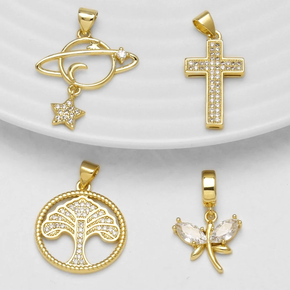 OCESRIO Crystal Tree of Life Cross Star Charms for Necklaces Gold Plated Copper Planet Jewelry Making component DIY pdtc020