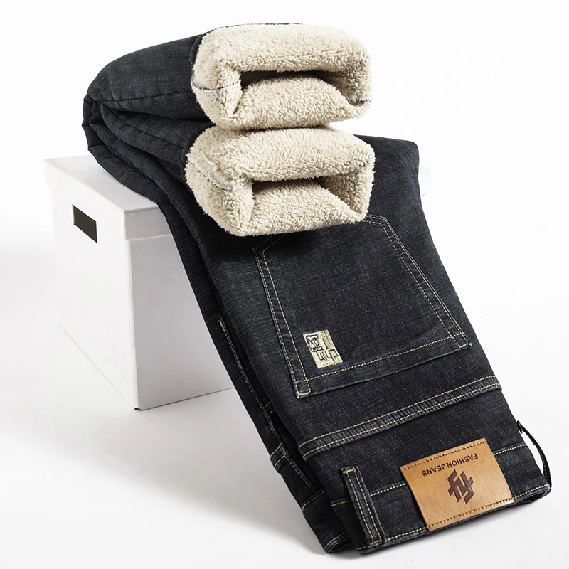 Men's Winter Lamb Fluff Denim Straight Pants Thicken Big Size 40 Jeans High Waist Stretch Jeansy Fleece Lined Warm Slim Vaqueros