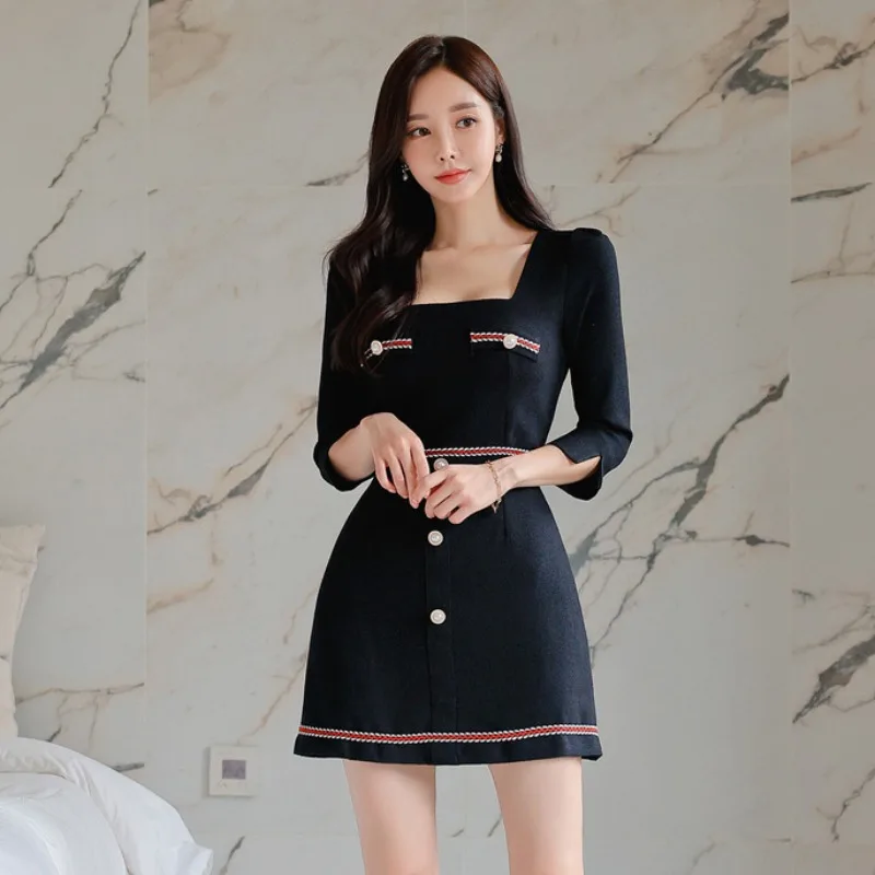 EU and South Korea Women clothes New A- line Skirt Small Dress Royal Sister Temperament Square Collar Color Matching Waist Hu...