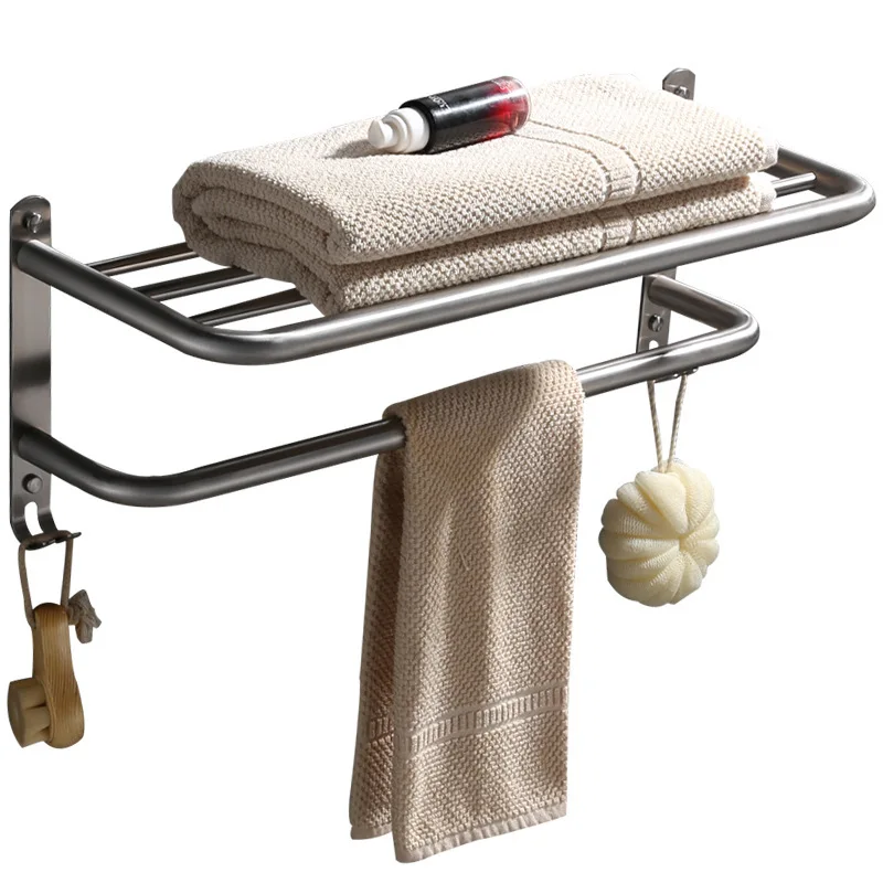 304 stainless steel brushed towel rack, double wall mounted, bathroom towel rack, bathroom shelf, hook