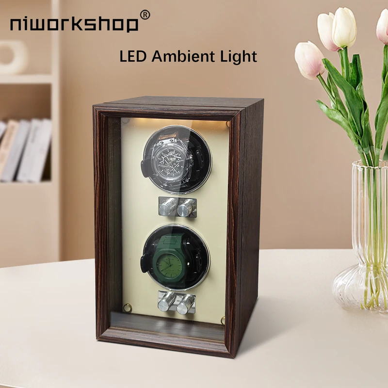 Niworkshop Watch Winder for Automatic Watches,2 Slots Wood Watch Box with Quiet Motor,LED Light,Adjustable Watch Pillows.