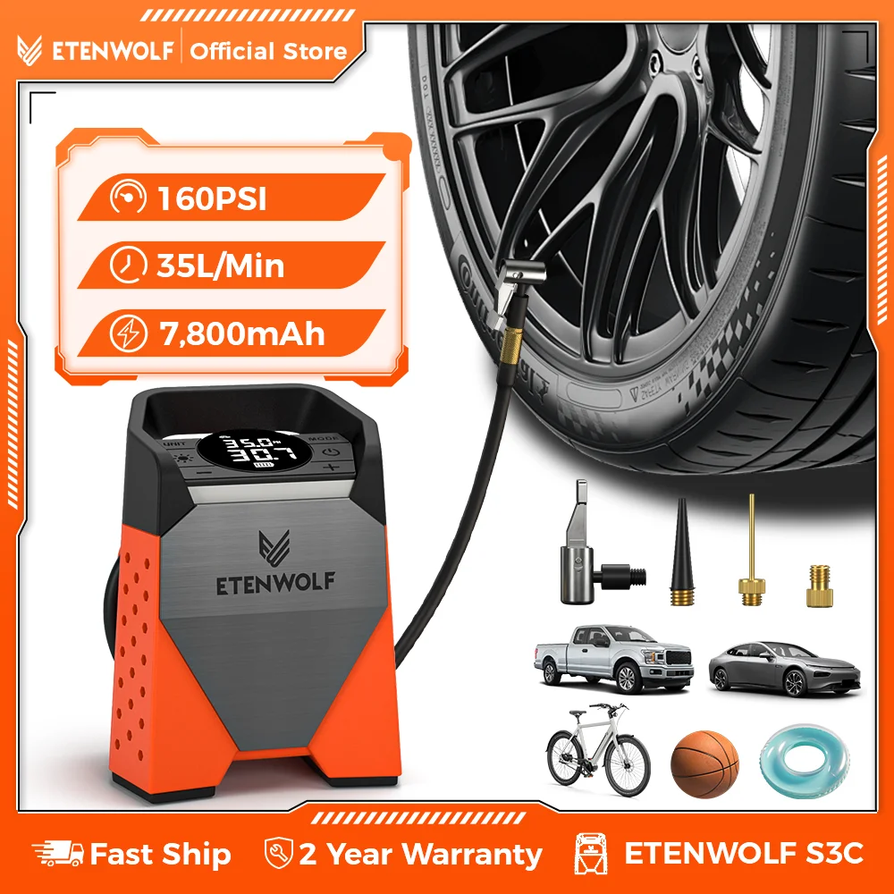 ETENWOLF S3C Автомобильный компрессор 7800 мАч 160 PSI Портативный насос для накачивания шин Электрический беспроводной воздушный насос для шин Инструменты Powerbank LED